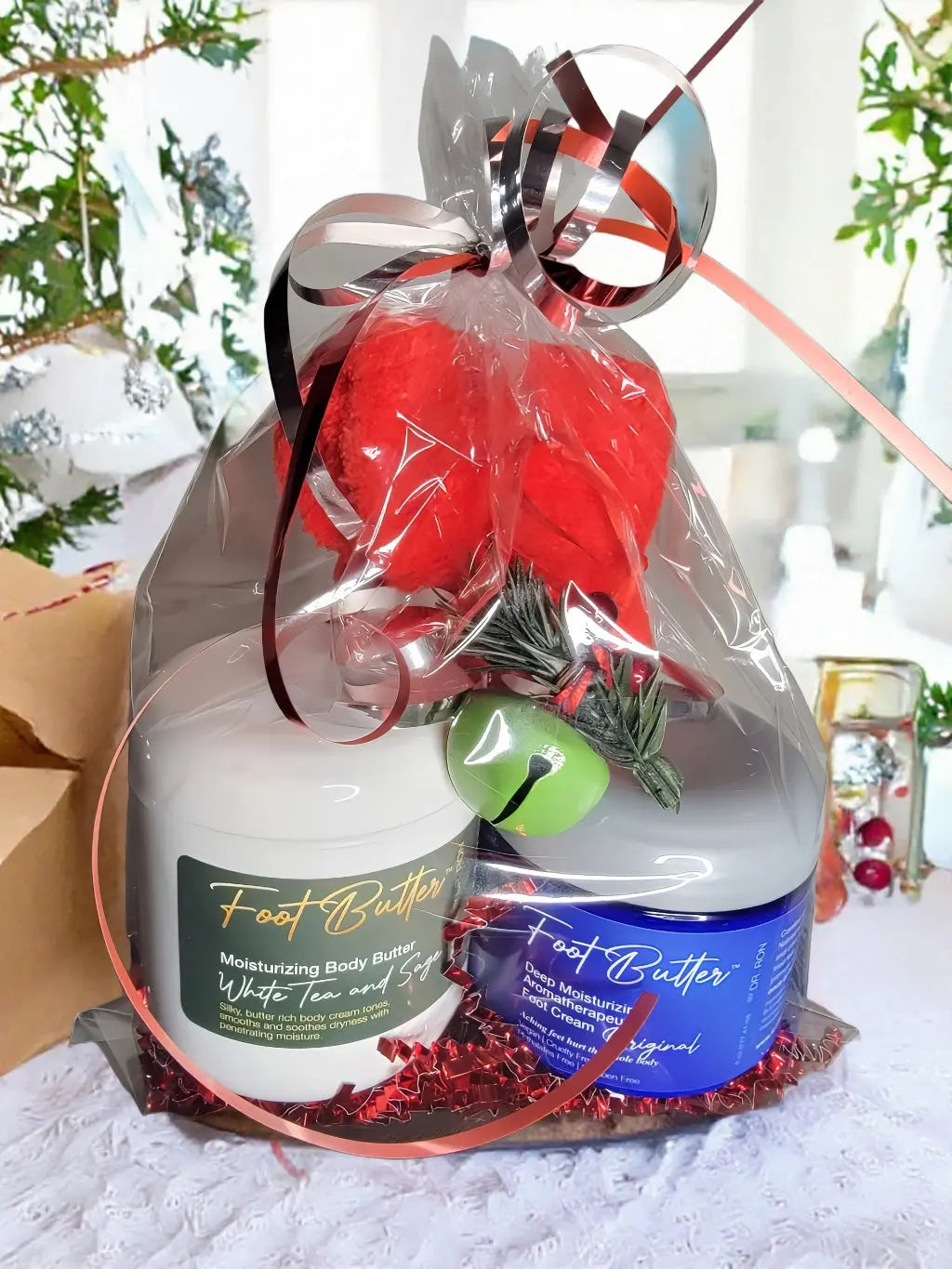 Holiday Luxe Skincare Gift Set – White Tea & Sage Body Butter, Lavender Jasmine Foot Butter & Plush Red Fuzzy Socks